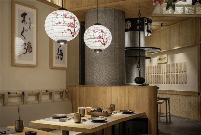 用餐區設計-鄭州餐飲裝修公司分享70平日料店創意裝修設計方案